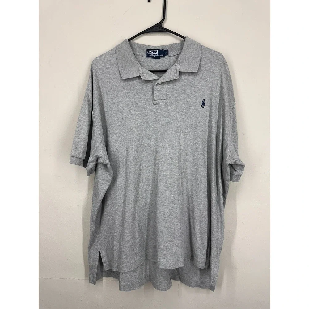 Ralph Lauren Polo Shirt Mens XL Gray Heather High-Low Slit Navy Small Pony Logo